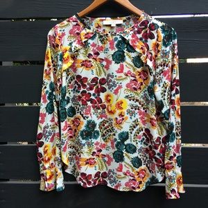 Loft pink, green floral top with ruffle detail long sleeves